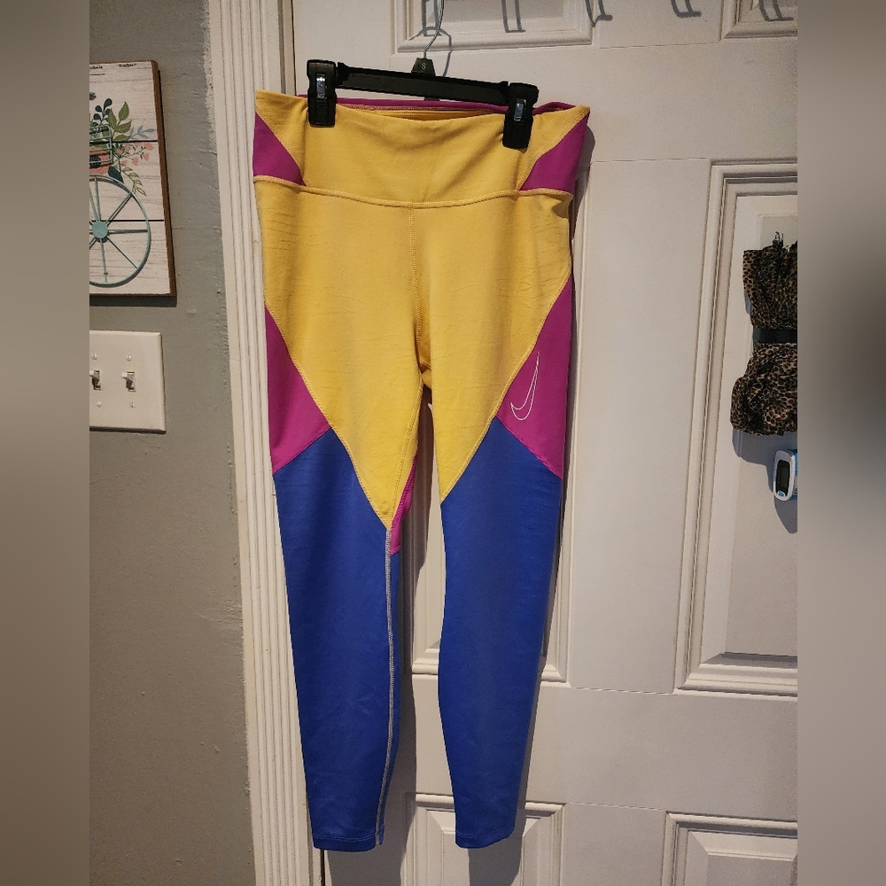 Nike Dri-fit Colorblock Leggings.  Yellow, Pink, Blue